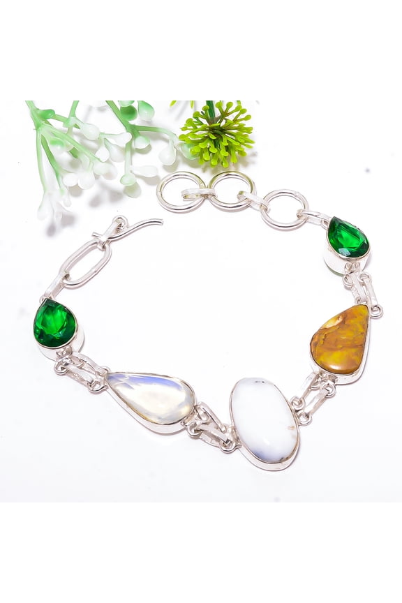 Dendritic Agate - Brazil & Multi Gemstone 925 Sterling Silver Bracelet 7.99" B17