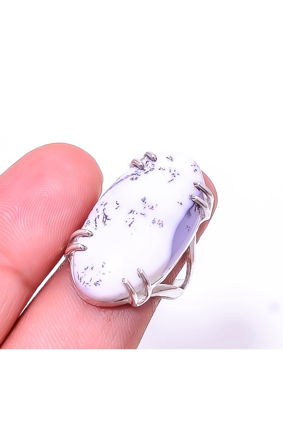 Dendritic Agate -Brazil Solitaire Gemstone Handmade 925 Sterling Silver Ring s.7.5, White Dendritic Agate Ring R_8024_295_244