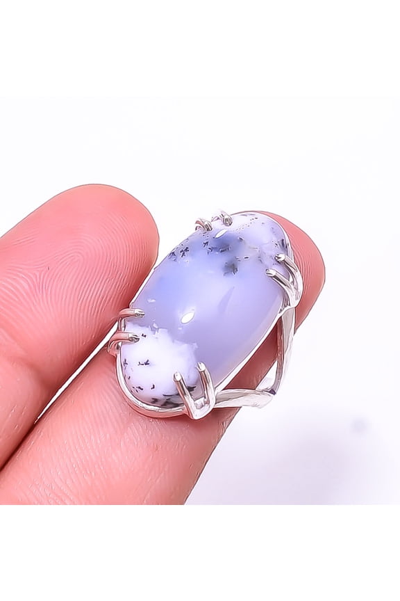 Dendritic Agate -Brazil Solitaire Gemstone Handmade 925 Sterling Silver Ring s.7.5, White Dendritic Agate Ring R_8024_295_64