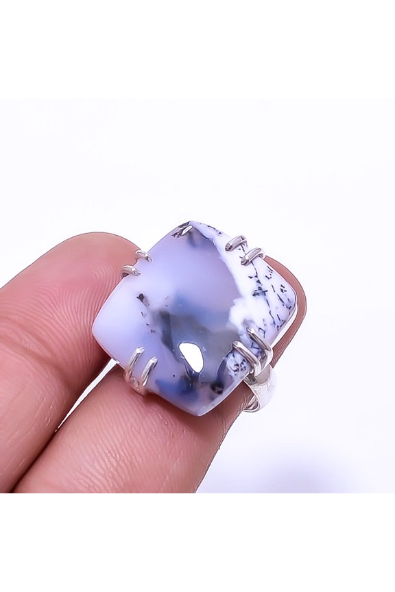 Dendritic Agate -Brazil Solitaire Gemstone Handmade 925 Sterling Silver Ring s.7.5, White Dendritic Agate Ring R_8024_297_43
