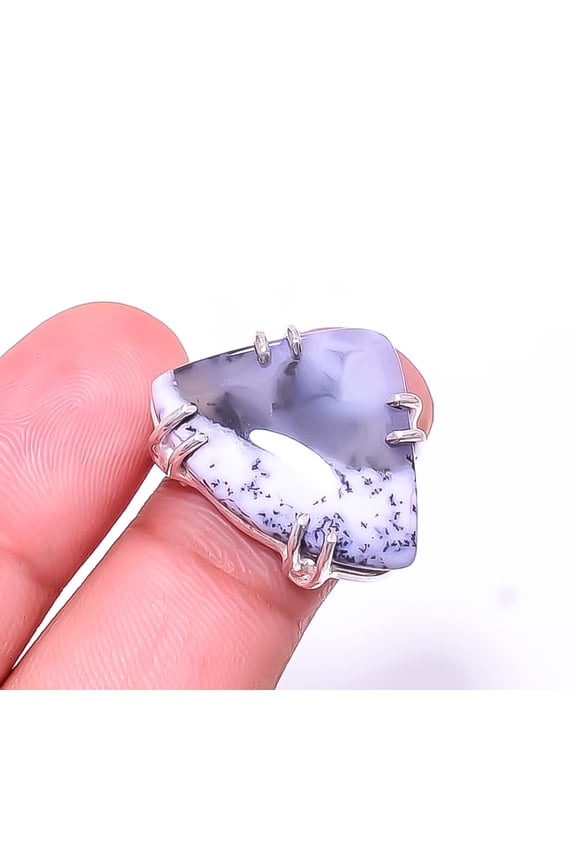 Dendritic Agate -Brazil Solitaire Gemstone Handmade 925 Silver Plated Ring s.7, White Dendritic Agate Ring R_8024_295_10