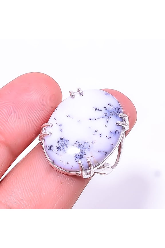 Dendritic Agate -Brazil Solitaire Gemstone Handmade 925 Sterling Silver Ring s.8.5, White Dendritic Agate Ring R_8024_295_87