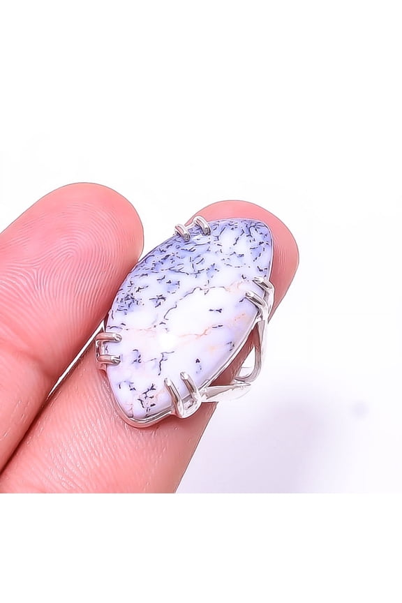 Dendritic Agate -Brazil Solitaire Gemstone Handmade 925 Sterling Silver Ring s.8, White Dendritic Agate Ring R_8024_295_105
