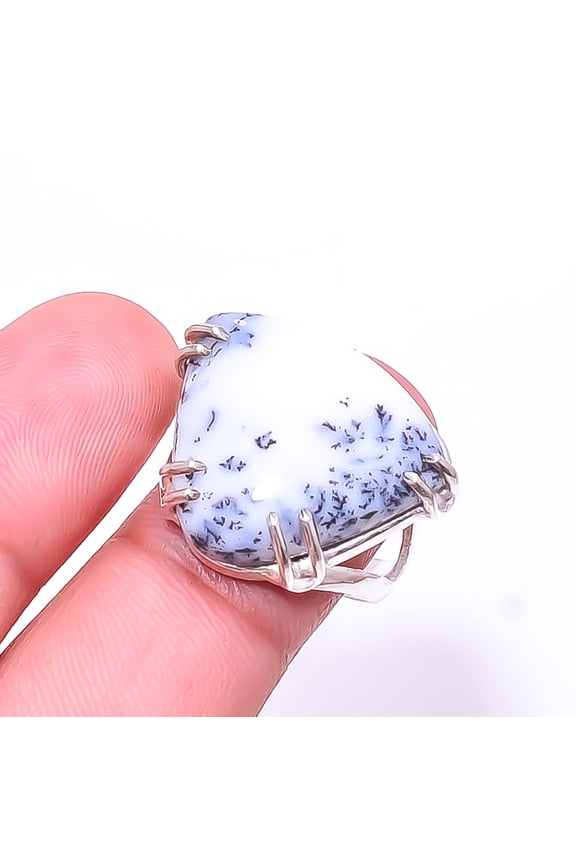Dendritic Agate -Brazil Solitaire Gemstone Handmade 925 Silver Plated Ring s.8, White Dendritic Agate Ring R_8024_295_90
