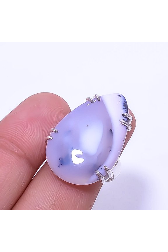 Dendritic Agate -Brazil Solitaire Gemstone Handmade 925 Sterling Silver Ring s.8, White Dendritic Agate Ring R_8024_297_105