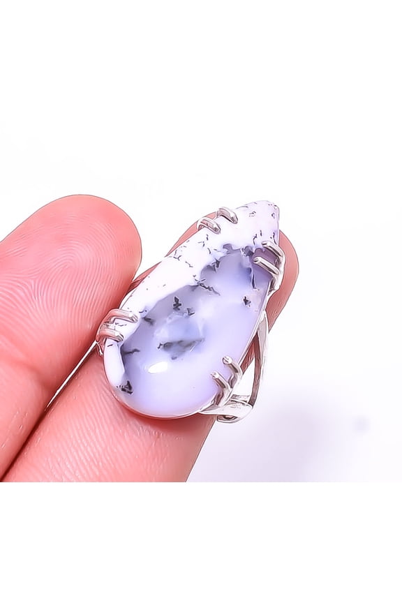 Dendritic Agate -Brazil Solitaire Gemstone Handmade 925 Sterling Silver Ring s.9, White Dendritic Agate Ring R_8024_295_106