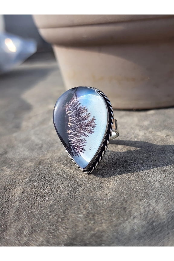 Dendritic Agate Ring Pear Shaped Statement Gemstone Ring with Vintage Rope Bezel