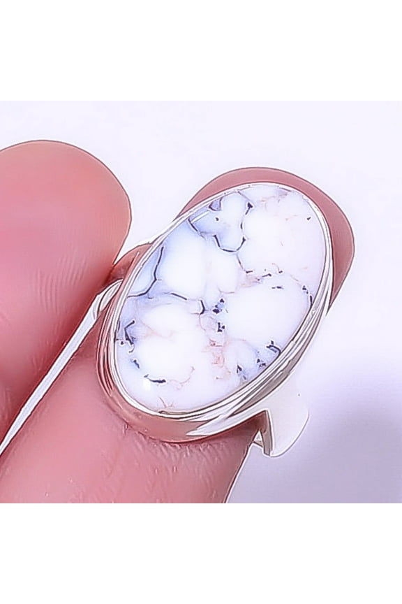 Dendritic Opal - Brazil 925 Sterling Silver Solitaire Ring s.9 R7571-12, Christmas Gift, Gemstone Silver Jewelry, Opal Ring, New Year Sale