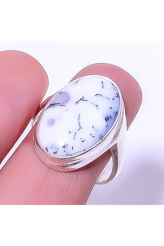 Dendritic Opal - Brazil 925 Sterling Silver Solitaire Ring s.9 R7571-28, Christmas Gift, Gemstone Silver Jewelry, Opal Ring, New Year Sale