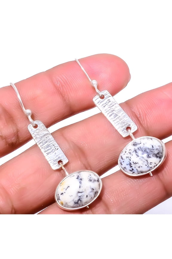 Dendritic Opal - Brazil Gemstone 925 Sterling Silver Israeli Earring 1.95" A390, Beautiful Jewelry For Woman, New Year Sale, Valentin's Day Gift