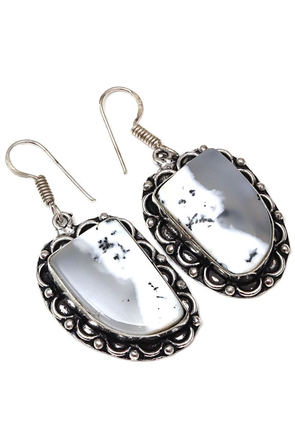 Dendritic Opal Gemstone Handmade Silver Jewelry Earrings 1.5''