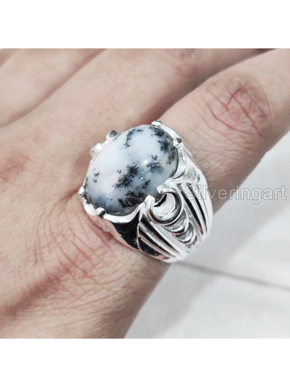 Dendritic Opal Mans Ring, Natural Dendrite Opal Ring, Silver Jewelry, 925 Silver Ring, Birthday Gift, Heavy Mens Ring, Arabic Design, Ottoman Style Ring, Christmas, Turkey Mens Signet Ring