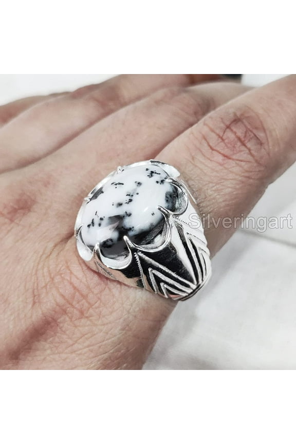 Dendritic Opal Mans Ring, Natural Dendrite Opal Ring, Silver Jewelry, 925 Silver Ring, Birthday Gift, Heavy Mens Ring, Arabic Design, Ottoman Style Ring, Christmas, Turkey Mens Signet Ring