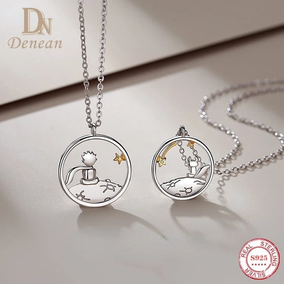Denean 925 Sterling Silver Little Prince and Fox Necklace Original Design Couple Pendant Necklace for Lovers Women Jewelry Gifts