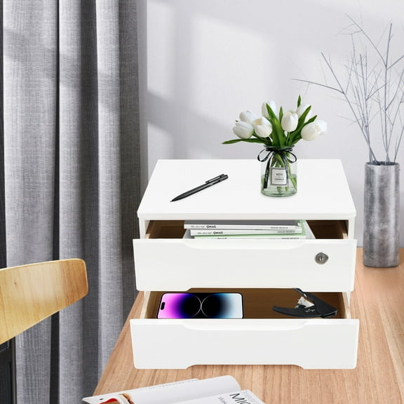 Denest 2-Tier Wooden Desktop Storage Box with Lockable Drawers, Desk Organizer