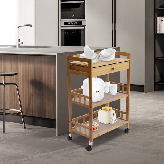 Denest 3-Tier Serving Cart with Drawer, Rolling Kitchen Cart Mobile Cart Bamboo Island Trolley Cart with Wheels & 1 Drawer, Bamboo Kitchen Storage Rack, for Restaurant, Home, Beauty Salon