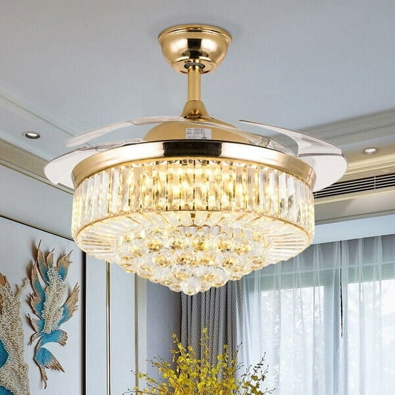 Denest 42" Invisible LED Ceiling Fan Light Crystal Retractable Chandelier Lamp W/Remote