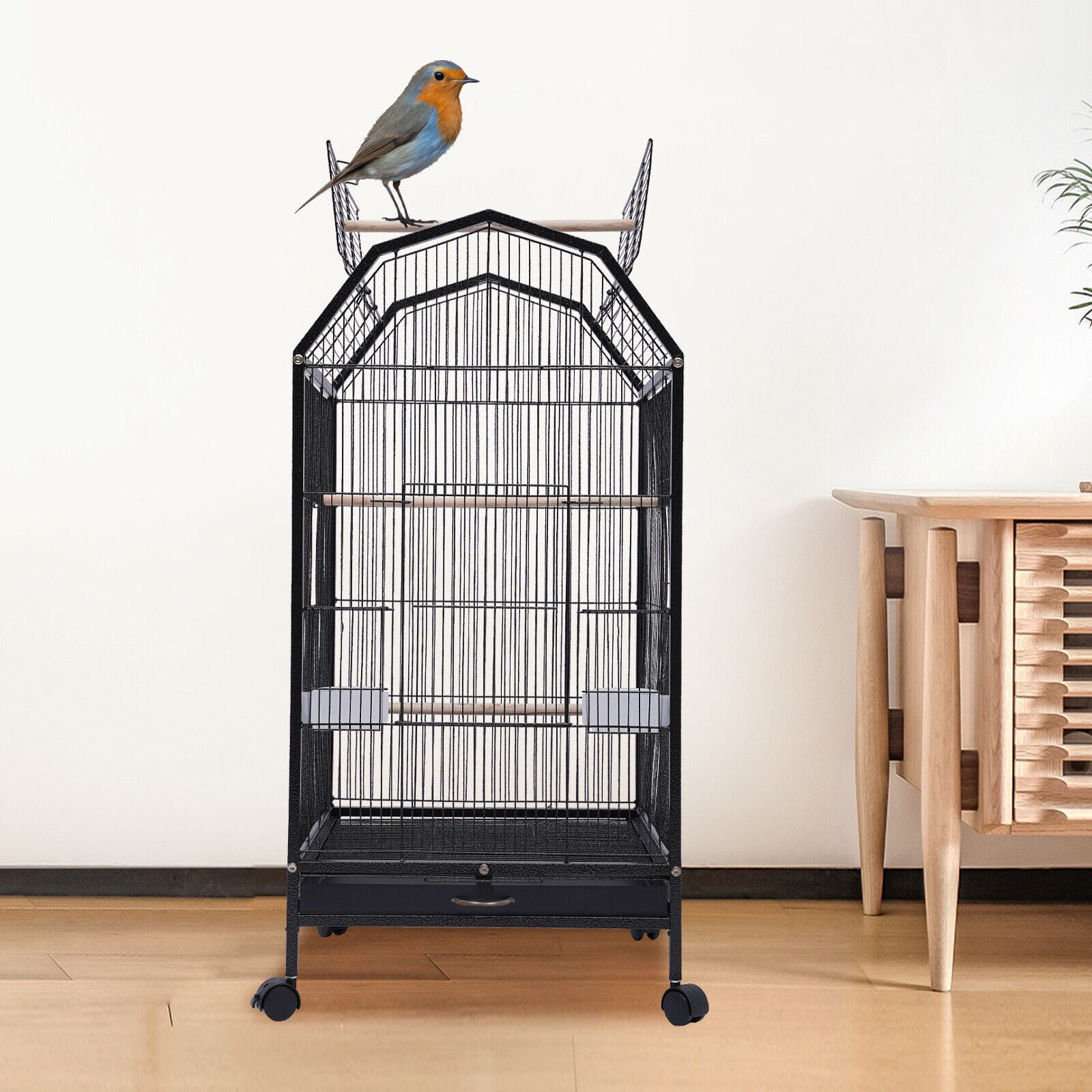Black Iron Bird Cage with Rolling Stand and Skylight