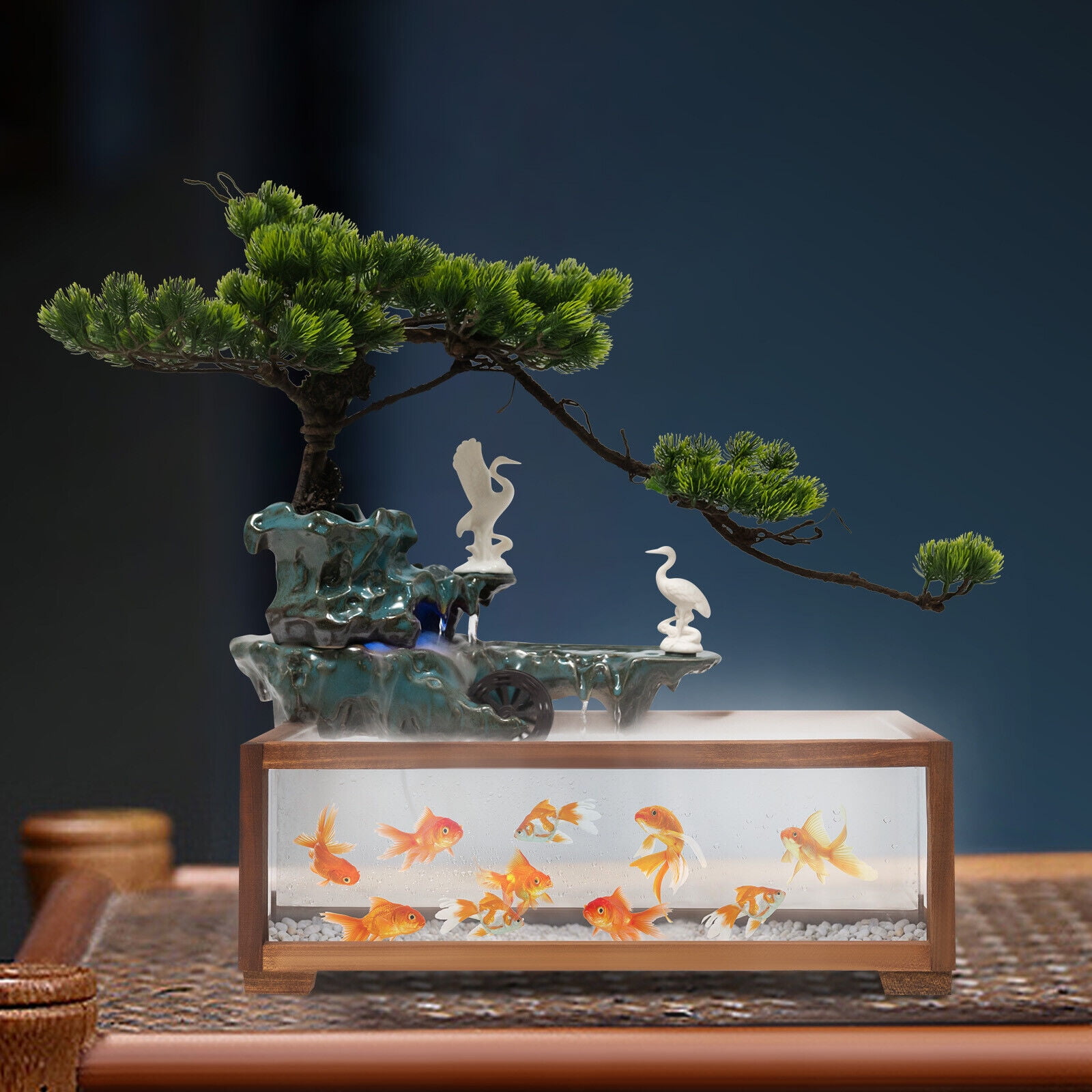 Denest Chinese Zen Style Fish Tank Water Dispenser Humidifier Indoor Waterfall+Mist LED
