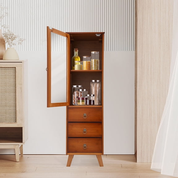 Denest Durable Bamboo Storage Cabinet with Drawers Freestanding Single-door Cupboard
