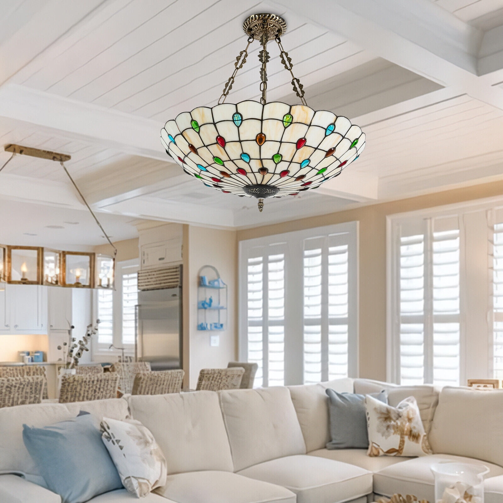 Denest Tiffany Style Hanging Pendant Lamp Stained Glass Ceiling Light Pendant Fixture