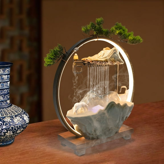 Denest Water Fountain LED Tabletop Indoor Fake Plants Waterfall Zen Decor With Mist