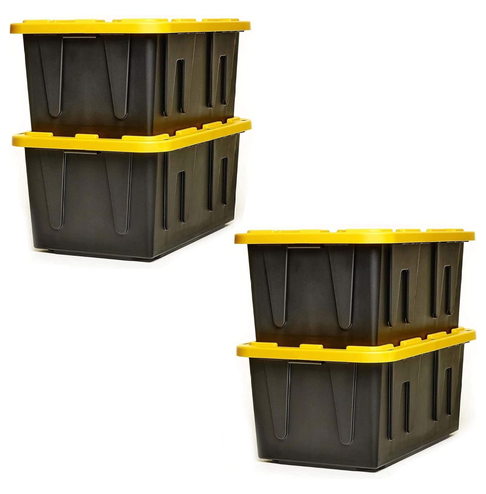 Heavy Duty Black and Yellow Stackable Storage Tote with Lid, 27 Gallon