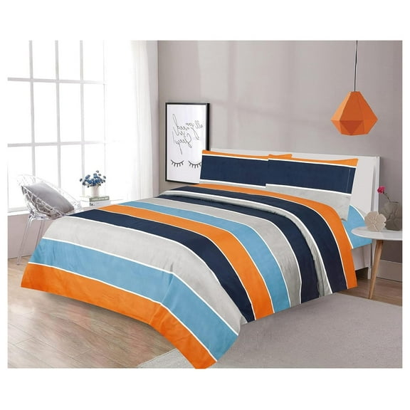 Deng rui Four (4) Piece Full Size Print Sheet set with Fitted, Flat and 2 Pillow Cases, Blue Orange Gray Stripes Print Multicolor Boys Kids Girls Teens Bedding Sheets, (Sheet, F, Navy/Orange)