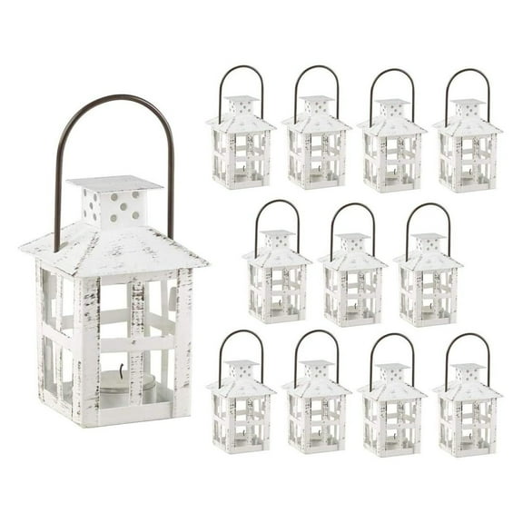 Deng rui Mini Decorative Lanterns - Set of 12 - Vintage Metal Lantern Candle Holders for Wedding Centerpiece, Home Decor and Party Favor (White)