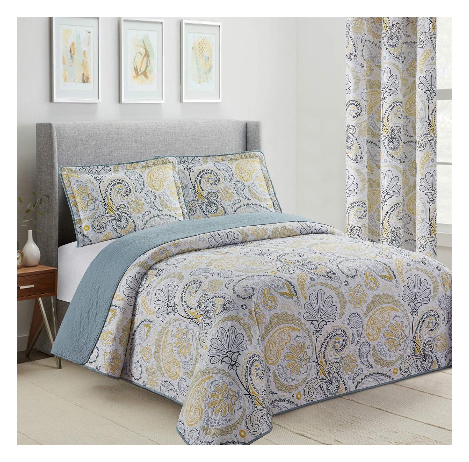 Deng rui New 2pc Yellow/Grey Paisley Printed Reversible Bedspread/Quilt Set Matching Curtains Available ( Size, Yellow & Grey)