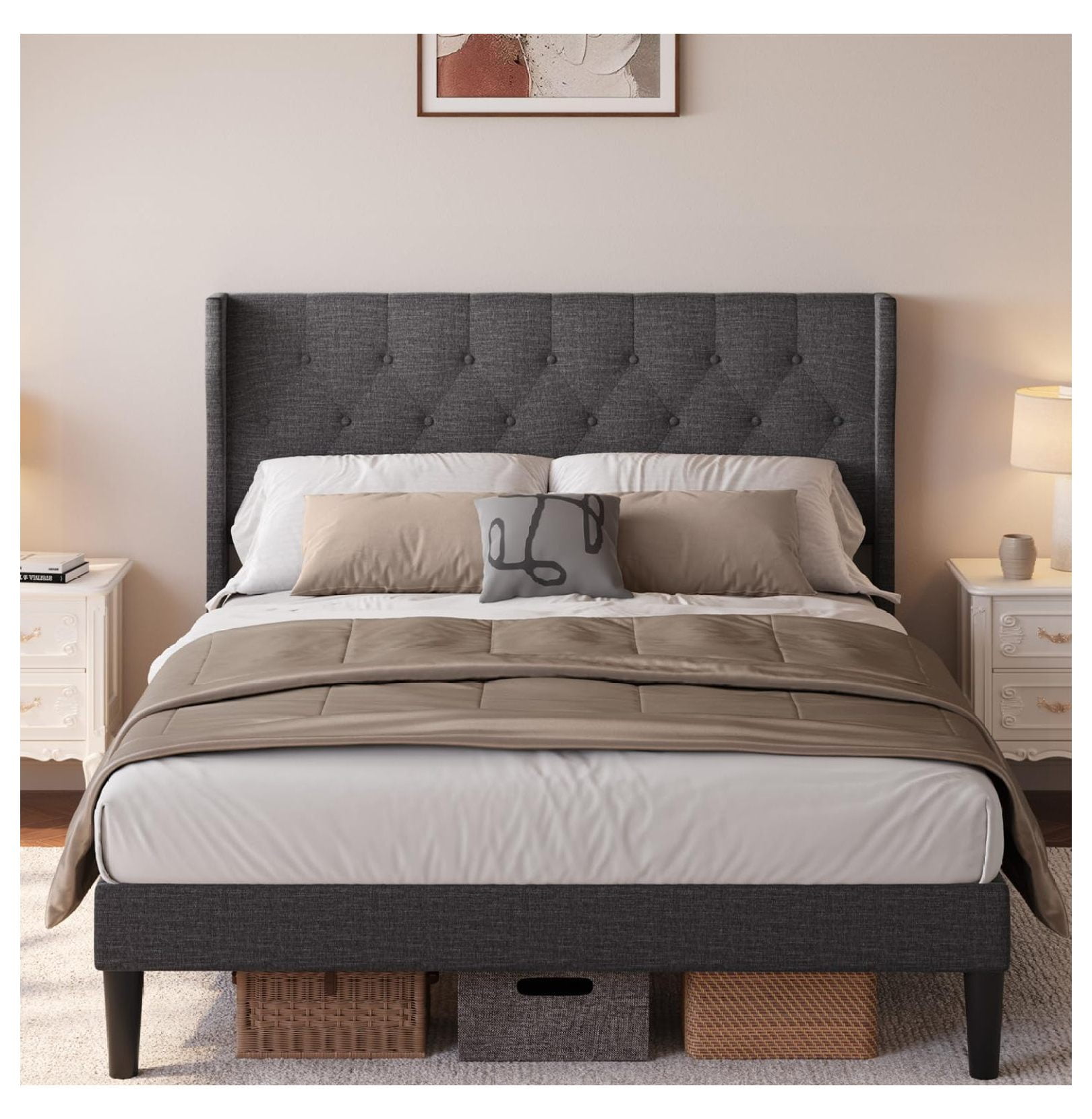 Deng rui Queen Size Bed Frame with Headboard, Upholstered Bed Frame with Solid Wooden Slats