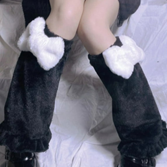 Dengjunhu 1 Pair Fluffy Ruffles Edge Leg Warmers Autumn Winter Fluffy Bow Decor Foot Warm Socks for Daily Wear