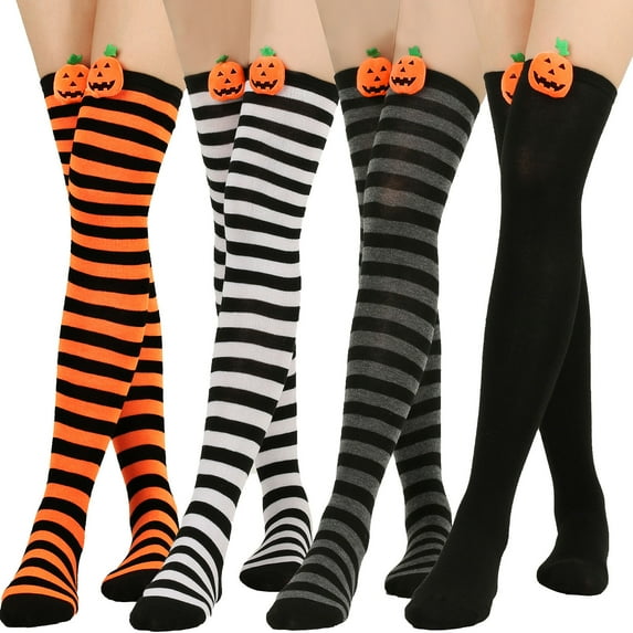Dengjunhu 1 Pair Halloween Stockings Over The Knee Funny Cartoon Pumpkin Striped Contrast Color Soft Keep Warm High Elasticity Solid Color Winter Thigh Socks for Halloween Party
