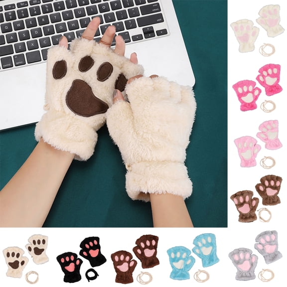 Dengjunhu 2 Pairs Cat Paw Gloves Fingerless Gloves Mittens Half Finger Paw Gloves Winter Plush Gloves for Kids Adult Cosplay