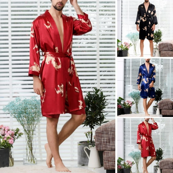 Dengjunhu 2Pcs Mens Satin Robe Lightweight Silk Spa Bathrobe with Shorts Nightgown Long Sleeve House Printed Bathrobe Set