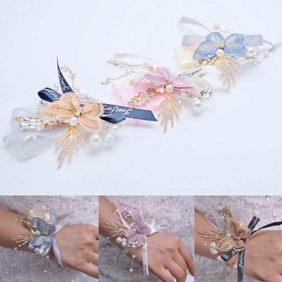 Dengjunhu 3PCS Fabric Butterfly Style Wedding Bridal Corsage Bridesmaid Wrist Flower Corsage Flowers Pearl Bead Wristband for Wedding Prom Party
