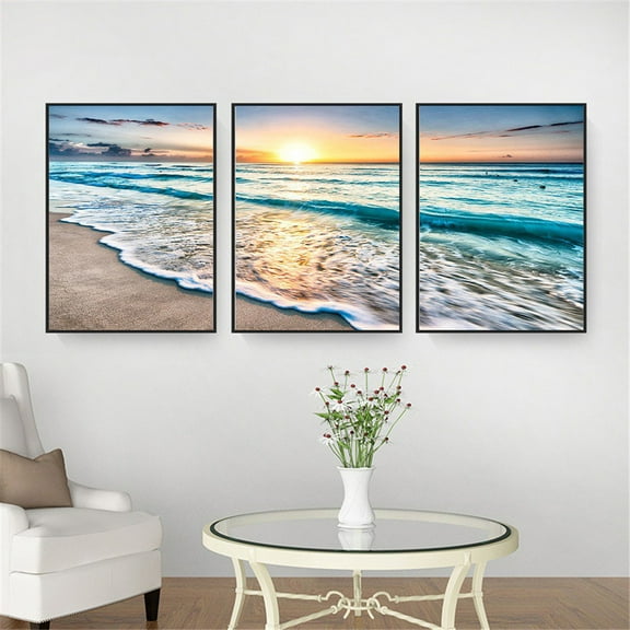 Dengjunhu 3Pcs Sea Sunset Modern Wall Art Set Seascape Beach Canvas Print Large Horizontal Landscape Wall Picture Multi Panel Ocean Split Giclee Print for Living Room Dining Room Wall Decor