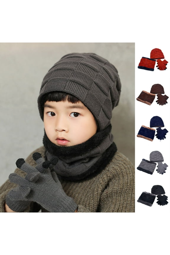 3Pcs/Set Boys Beanie Hat, Lined Hat Scarves Gloves for Toddler Boy Girls Children, Winter Warm Knit Cap for Little Kids