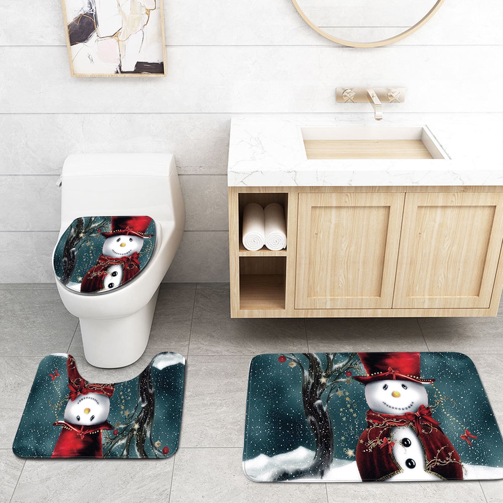 Dengjunhu 3Pcs/Set Christmas Snowman Toilet Seat Cover and Rug Set