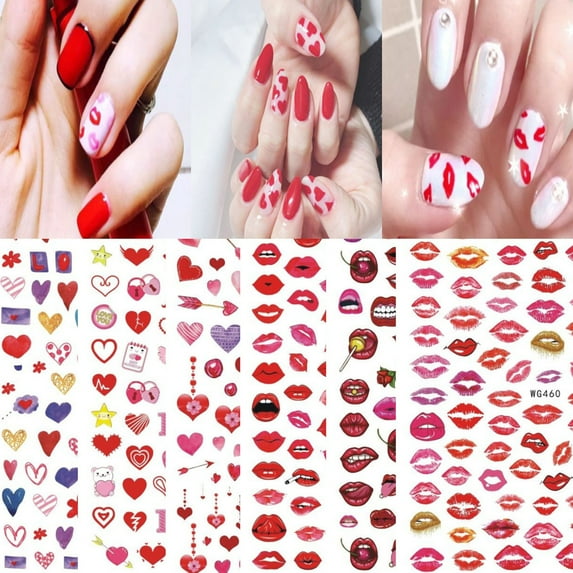 Dengjunhu 4 Sheets Valentine's Day Nail Art Stickers Decals Heart Nail Decorations 3D Self-Adhesive Removable Love Heart Sexy Lip Print Sticker Heart Color Nail Sticker