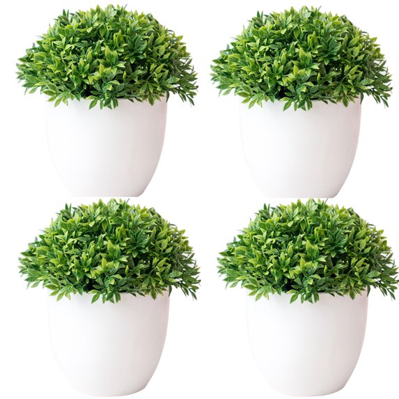 Dengjunhu 4Pcs Mini Artificial Plants Potted Small Fake Plants for Shelf Green Plant in White Plastic Pot for Home Bathroom Decor Faux Plants