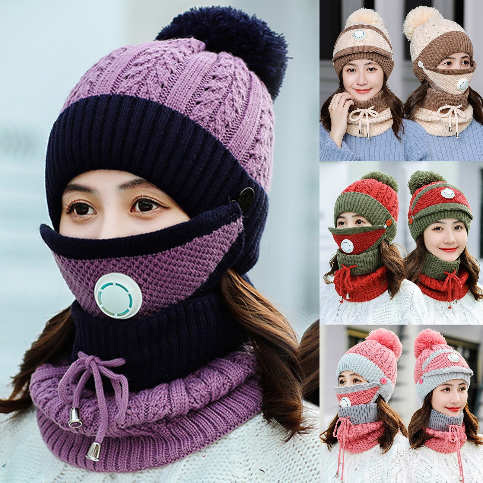 Knit Beanie Scarf Mask Set Warm Winter Ski Accessory Chunky Y2K Fleece Lined Womens Beanie Hat, Winter Hat Scarf Mask Set  main image 2