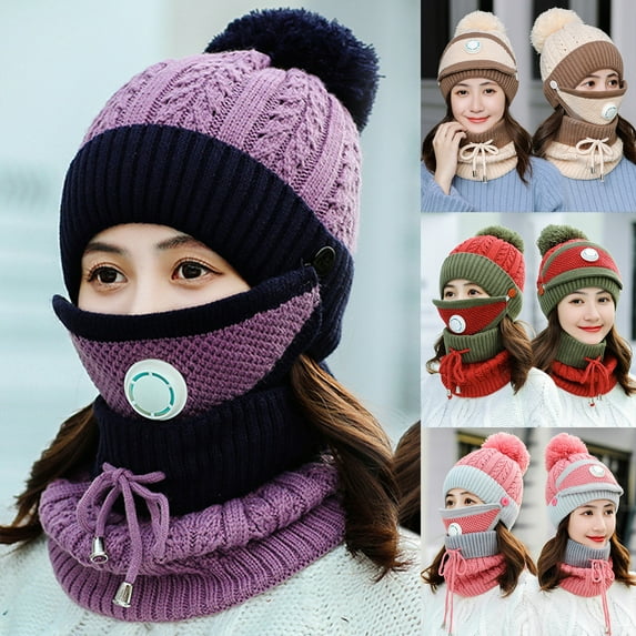 Dengjunhu 4Pcs/Set Fleece Lined Winter Hats for Women Knit Beanie Hat Scarf Mask Gloves Set Warm Soft Slouchy Skull Cap with Pompom
