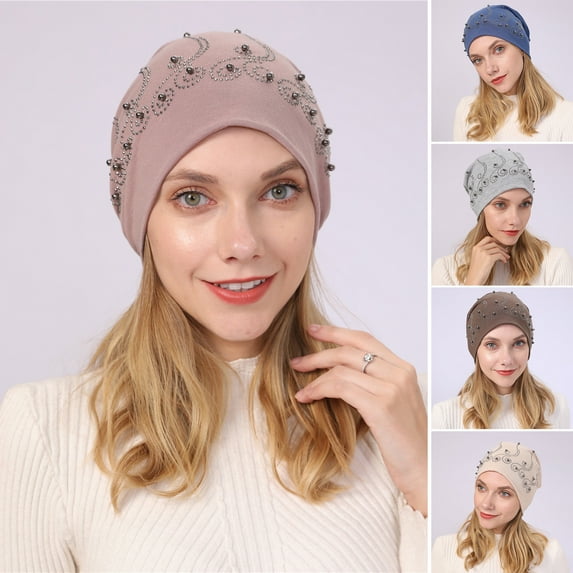 Dengjunhu Beanie Hat Double-layers Faux Pearl Rhinestone Decor Baggy Slouchy Keep Warm Thin Spring Autumn Winter Women Skull Cap for Outdoor