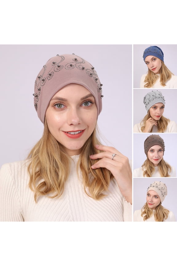 Beanie Hat Double-layers Faux Pearl Rhinestone Decor Baggy Slouchy Keep Warm Thin Spring Autumn Winter Women Skull Cap for Outdoor