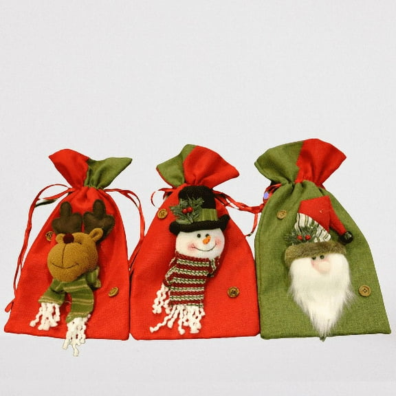 Dengjunhu Christmas Gift Bags Bulk, Drawstring Gift Bags Large with 3D Santa Claus Snowman Reindeer, Reusable Christmas Treat Bags Goody Bags Burlap Sack for Xmas Party Supplies(15 X 8 Inches)