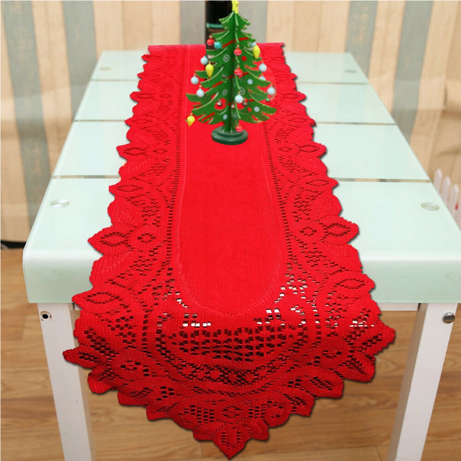 Dengjunhu Christmas Long Table Runner Lace Design Christmas Polyester