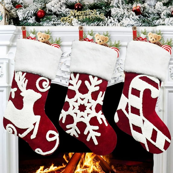 Dengjunhu Christmas Stockings, Snowflake Reindeer Personalized Cable Polyester Stockings for Christmas Candy Gifts Decor