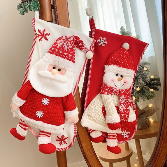 Dengjunhu Doll Design Christmas Stockings, Large Rustic Cable Knitted Fabric Christmas Stockings Gift Bag with Doll for Christmas Party