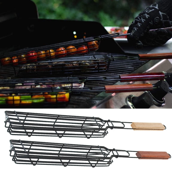 Dengjunhu Grilling Baskets and Skewers, Stainless Steel BBQ Grill Basket Kebab Skewer, Nonstick Portable Barbecue Grate with Handle for Fish, Veggies, Steak